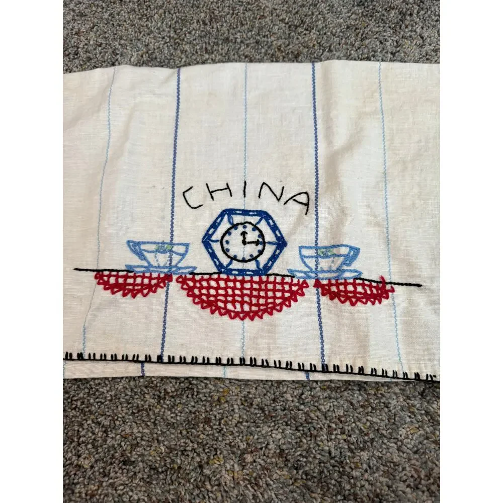 Vintage Hand Embroidered China Tea Towel Approx 20